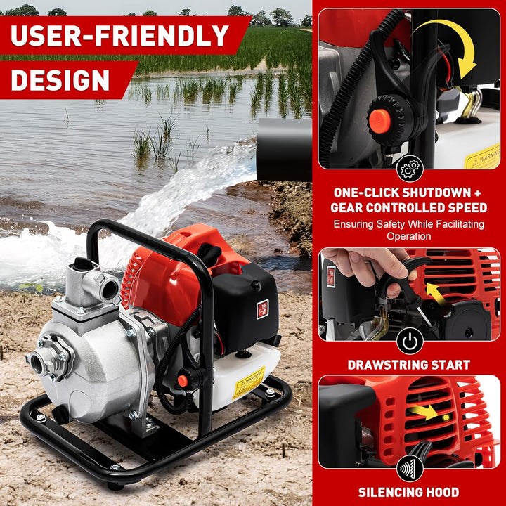 1-Zoll-Gas-Wasserpumpe, 1400W 2-Takt-Benzinmotor Wasserumfüllpumpe Tragbare Hochdruck-Wasserpumpe 40