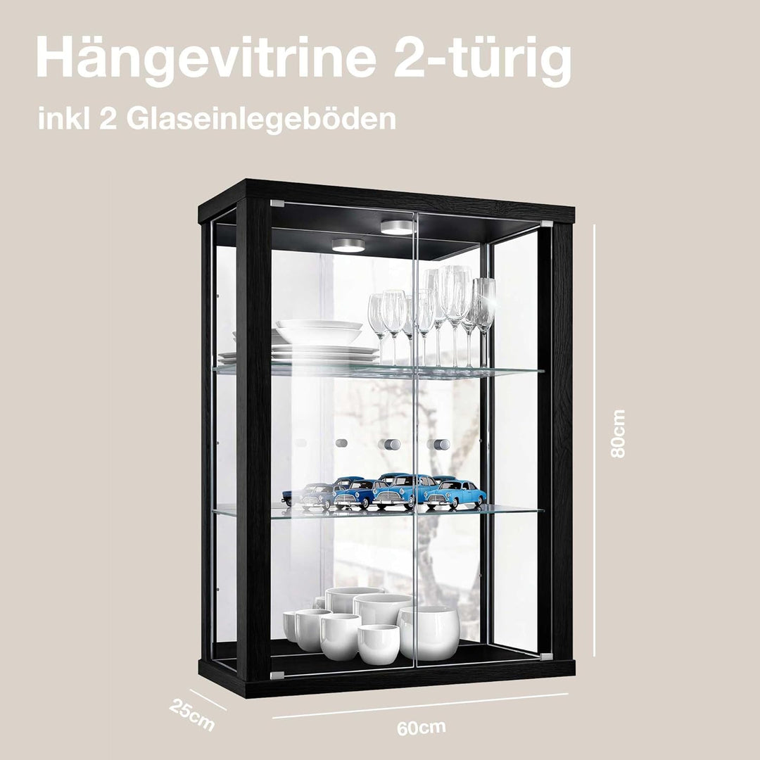 Hängevitrine in Schwarz (80x60x25 cm) mit 2 höhenverstellbaren Glasböden, Spiegel & LED - Modellauto