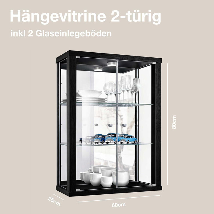 Hängevitrine in Schwarz (80x60x25 cm) mit 2 höhenverstellbaren Glasböden, Spiegel & LED - Modellauto