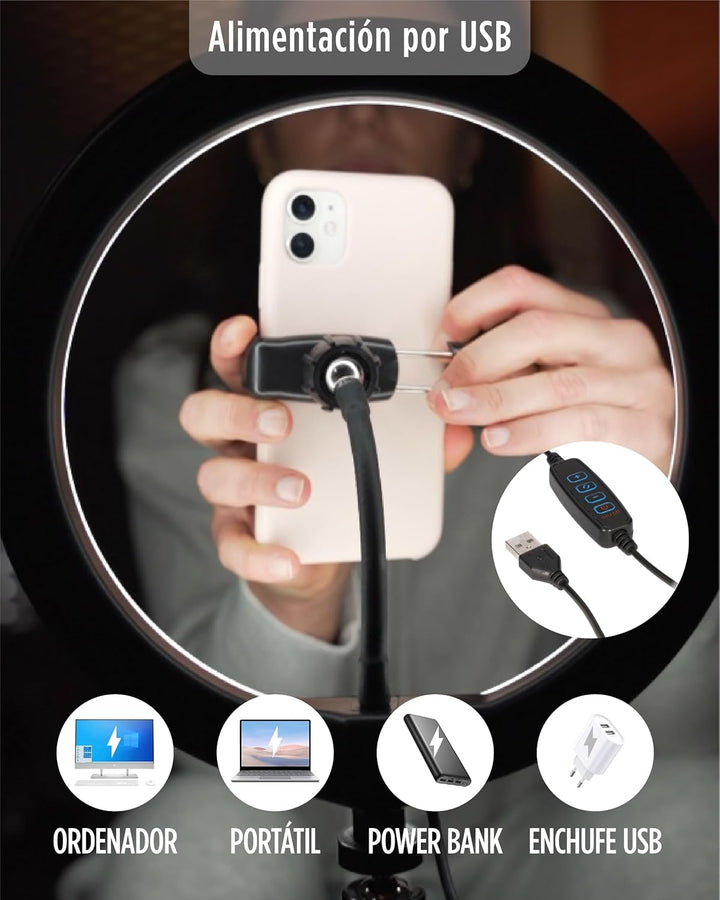 KSIX Dimmbare Tischstativ Lichtring LED Ring Licht für Handy, 3 Lichttemperaturen und 10 Helligkeits