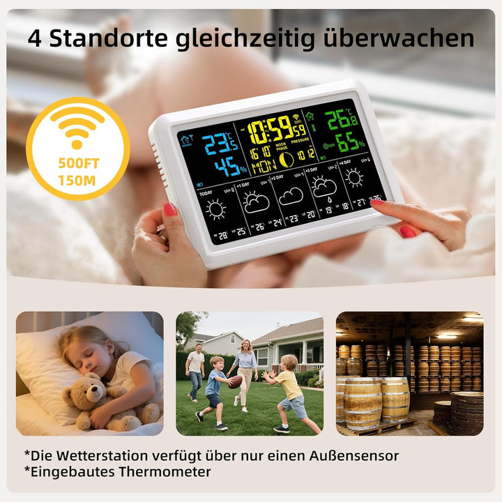 Wetterstation Funk mit 1 Aussensensoren, Farbdisplay - Präzise Wettervorhersage, Innen/Aussen Temper