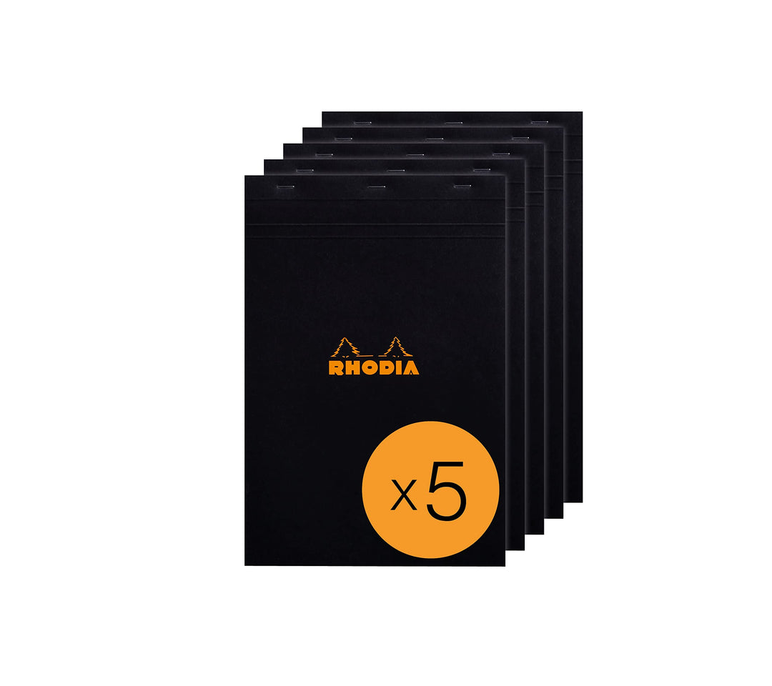 Rhodia 192009C - Packung mit 5 Notizblöcken geheftet No.19 A4+ 80 Blätter kariert 80g, Schwarz, 1 Pa