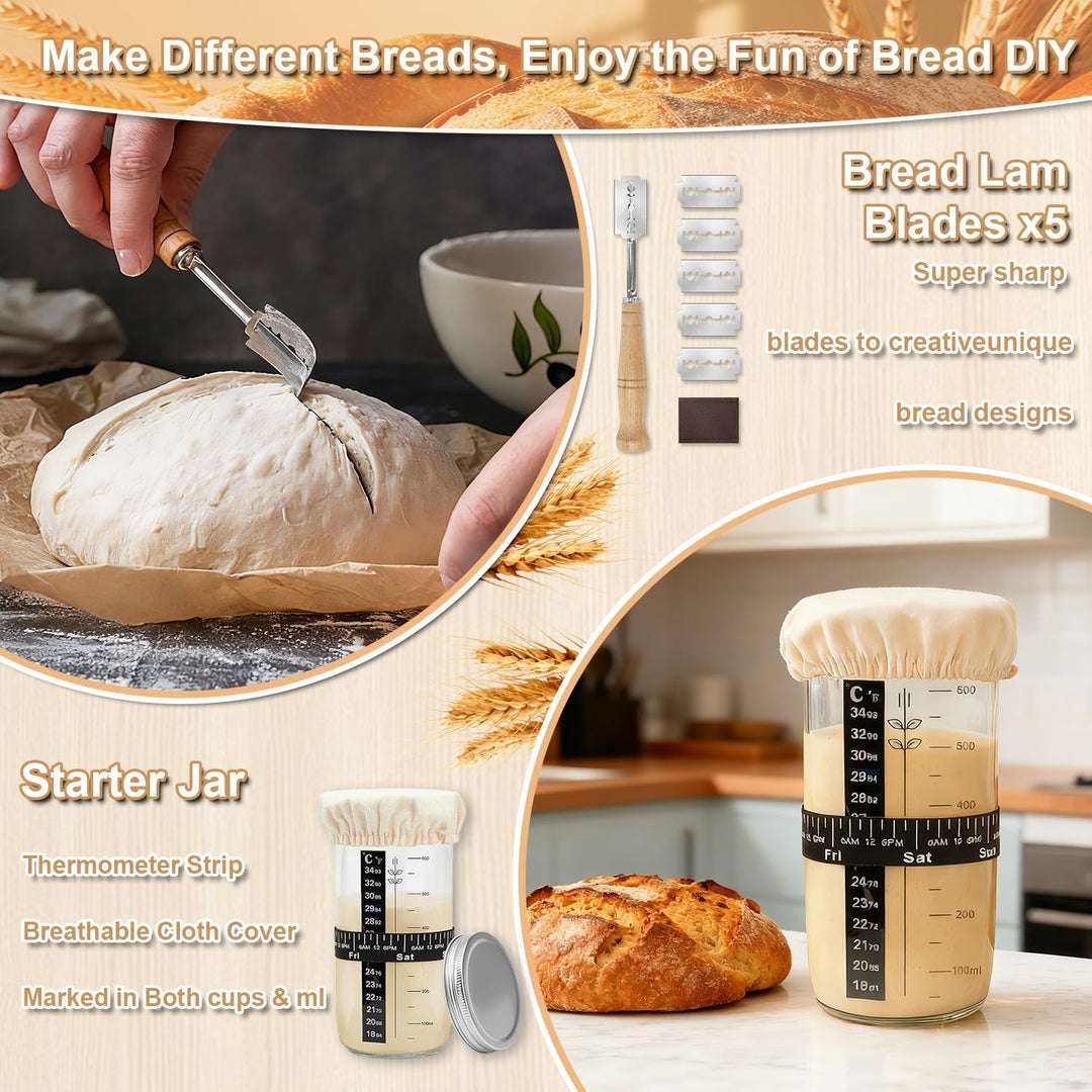 12 Stück Sauerteig Starter Set, 23,5cm & 25,4cm Gärkorb Brot Backen Mit Broschüre, Sauerteig Starter