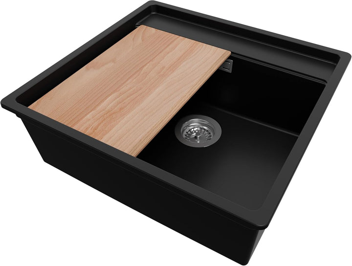 Eckspüle Schwarz 56x53cm, Granitspüle 1 Becken + Ablauf-Set + Schneidebrett, Küchenspüle ab 60er Unt
