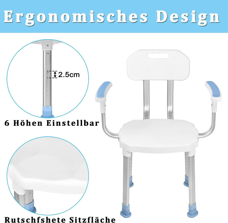 YRHome Duschhocker Duschstuhl Höhenverstellbar Anti-Rutsch mit Rückenlehne und Armlehnen Duschhilfe