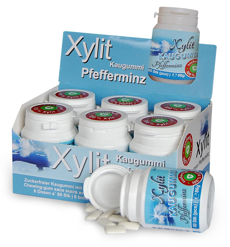 Xylitquelle Zahnpflegekaugummi PFEFFERMINZ | 6 x 80 Stk | 100% Xylit für angenehmen Atem | zuckerfre