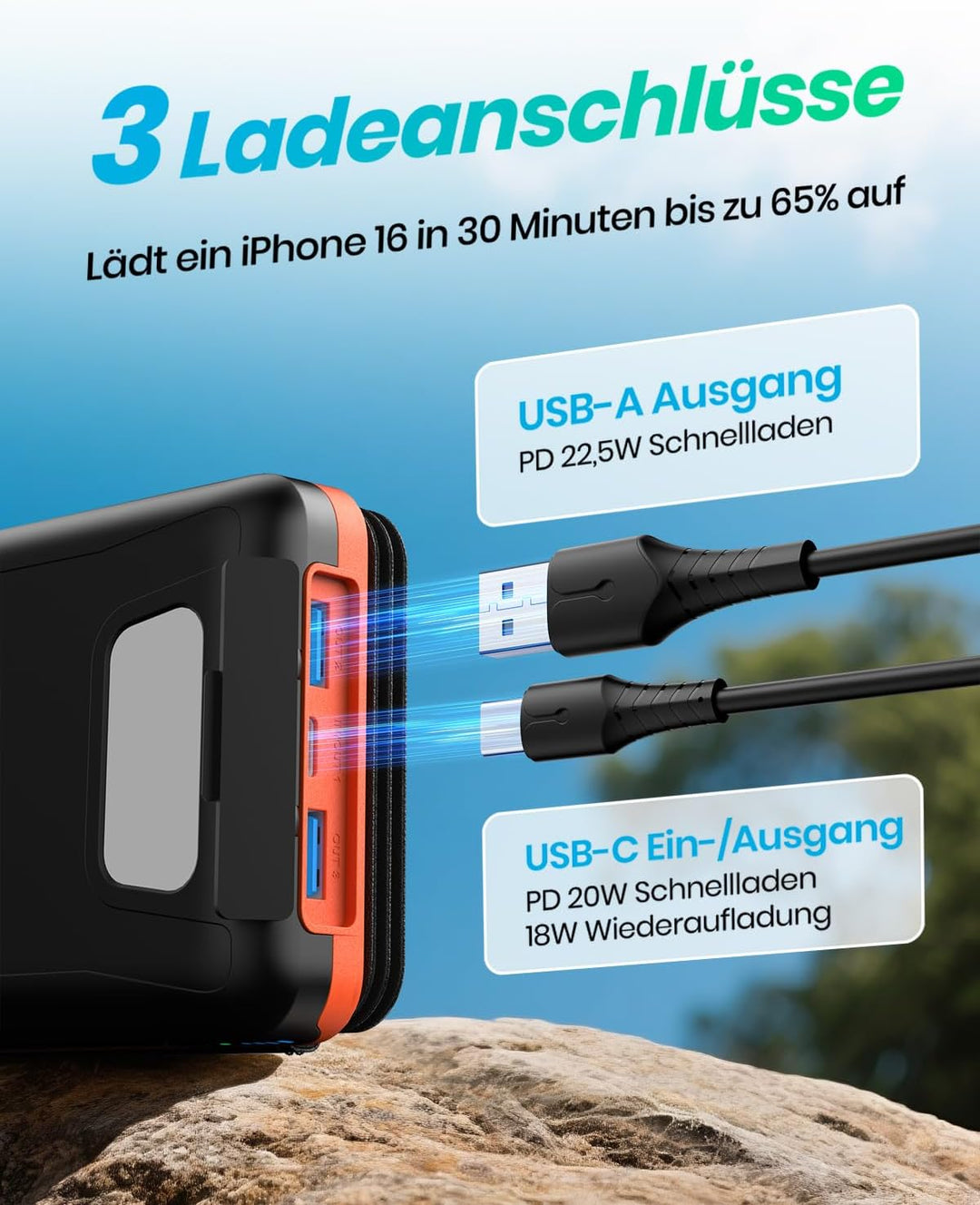 Solar Powerbank 20000mAh – A ADDTOP Solar Ladegerät mit 22.5W Schnellladung, 2 USB-A Ausgäng, 1 USB-