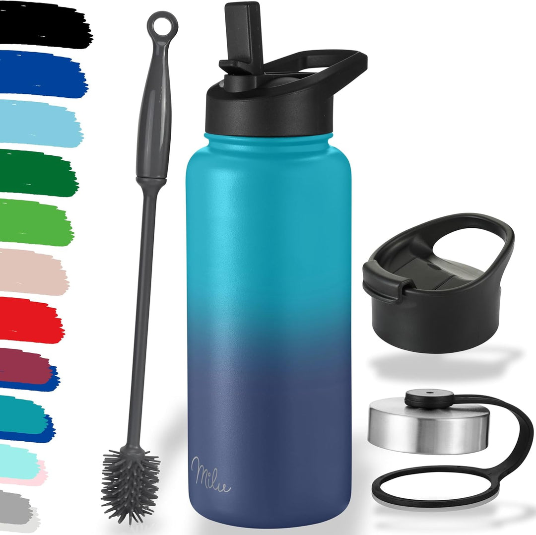 Milu Edelstahl Trinkflasche 500ml, 750ml, 1000ml (+3 Deckel) - Thermosflasche mit Strohhalm, Isolier