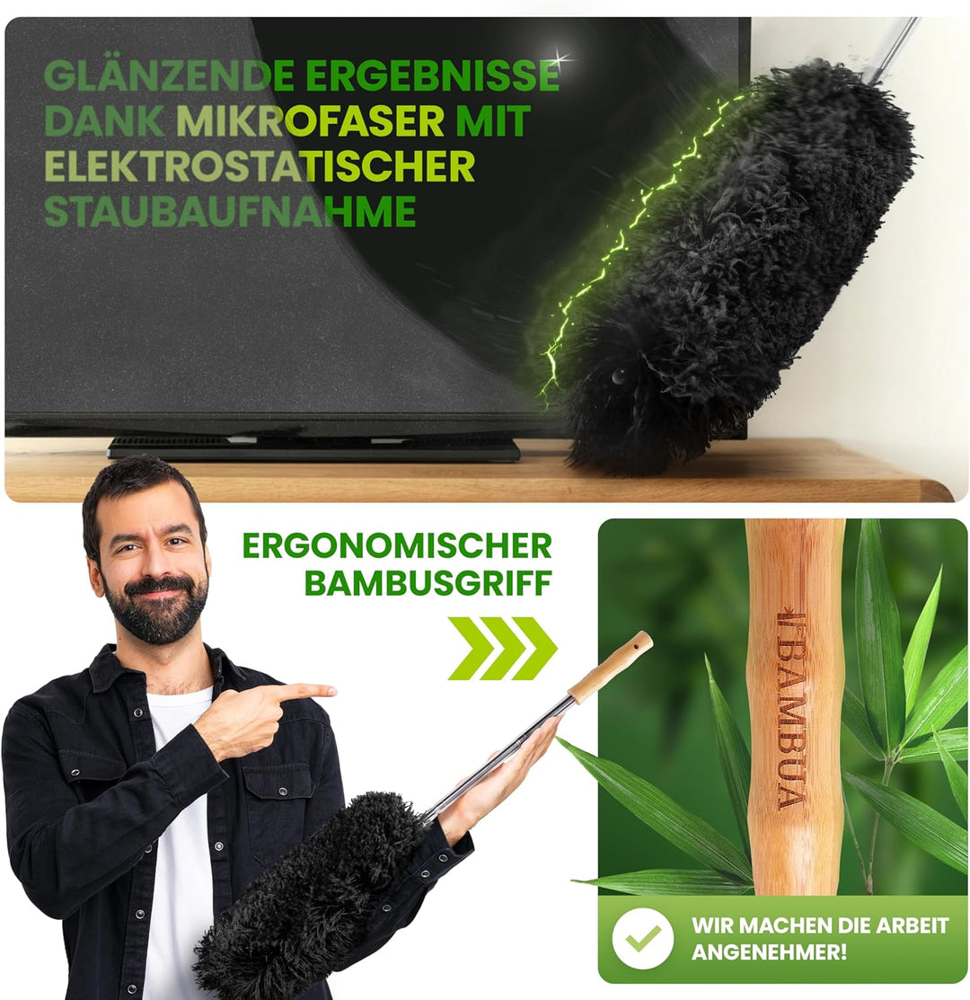 BAMBUA Staubwedel Teleskop - Effektiver Staubfänger mit erstklassiger Mikrofaser - Nachhaltiger Bamb