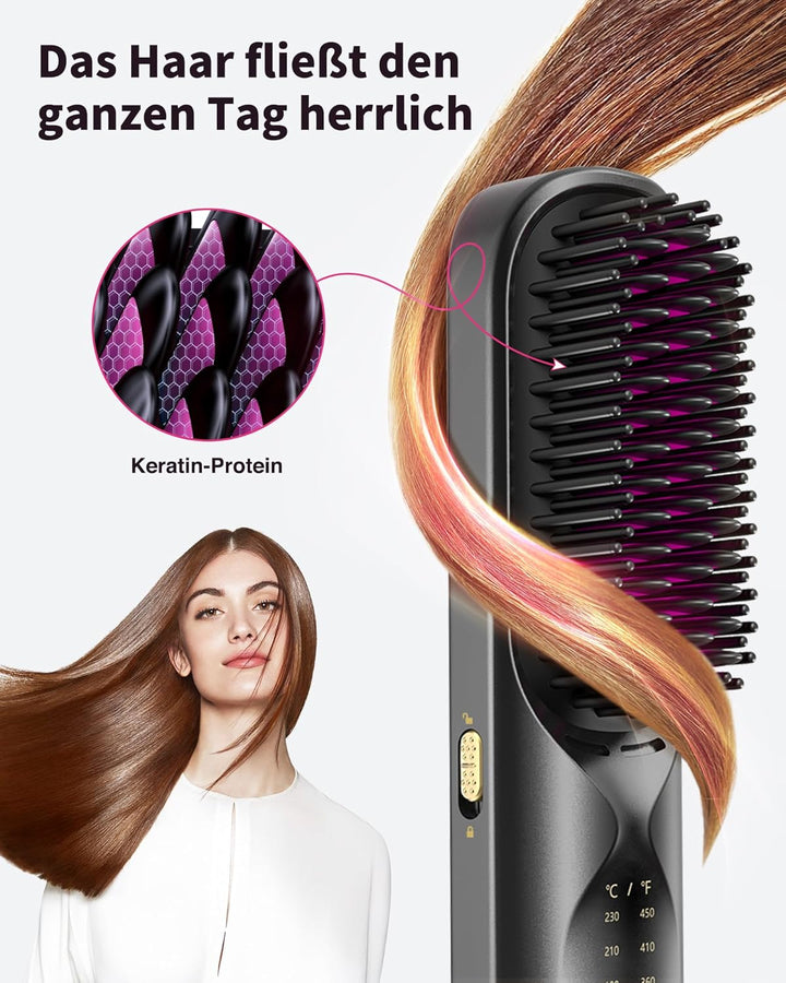 Bopcal Mini Glättbürste - 10000mAh Ionen Haarglätter Bürste Kabellos, Professioneller Verbrühungssch