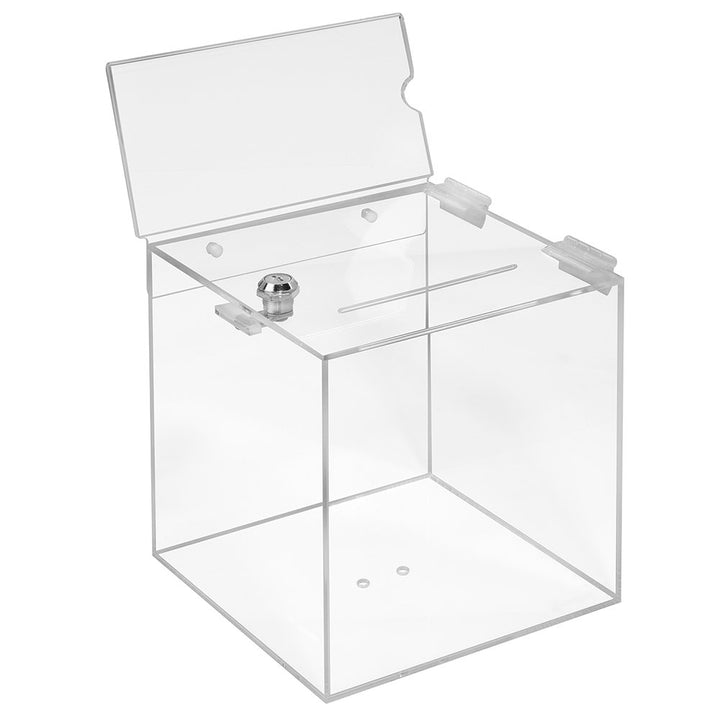 Losbox aus Acrylglas in 200x200x200mm mit Schloss und Topschild DIN Lang Quer - Zeigis® / Spendenbox