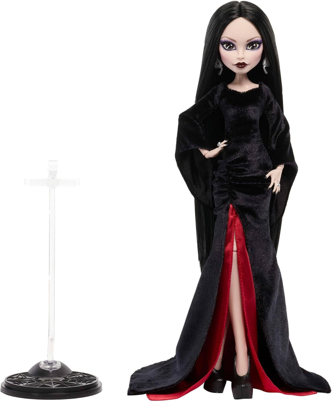 Monster High x Wednesday Puppe, Morticia Addams Sammelfigur im schwarz-purpurrotem Samtkleid mit Sch
