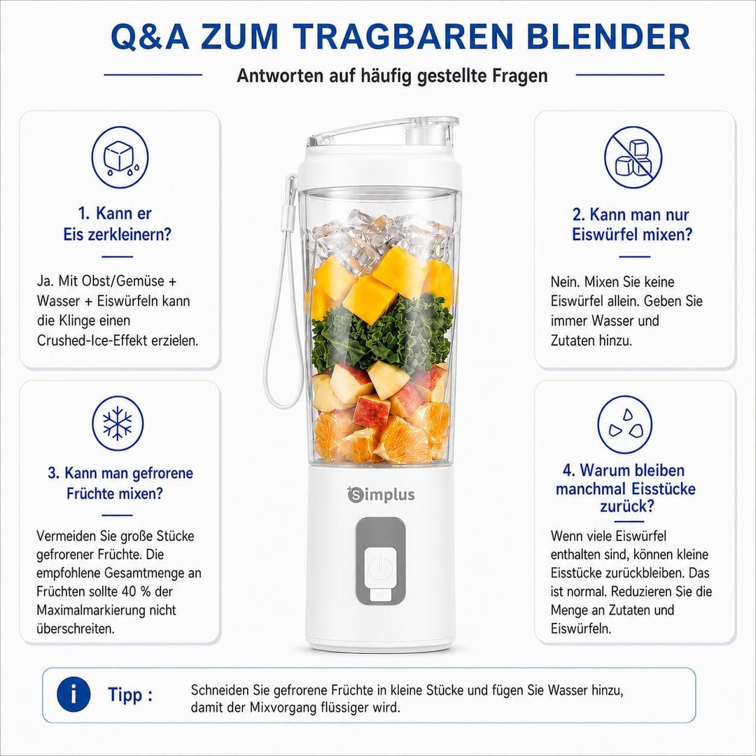 SIMPLUS Tragbarer Mixer 800ml Smoothie Maker To Go, USB-C Mini Mixer mit 6 Edelstahlklingen, kabello