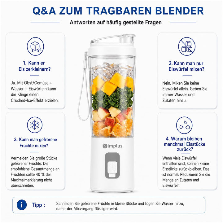 SIMPLUS Tragbarer Mixer 800ml Smoothie Maker To Go, USB-C Mini Mixer mit 6 Edelstahlklingen, kabello