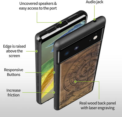 Carveit Holz Handyhülle für Google Pixel 6 Cover [Einzigartiges Design Case] Stossstange hülle Kompa