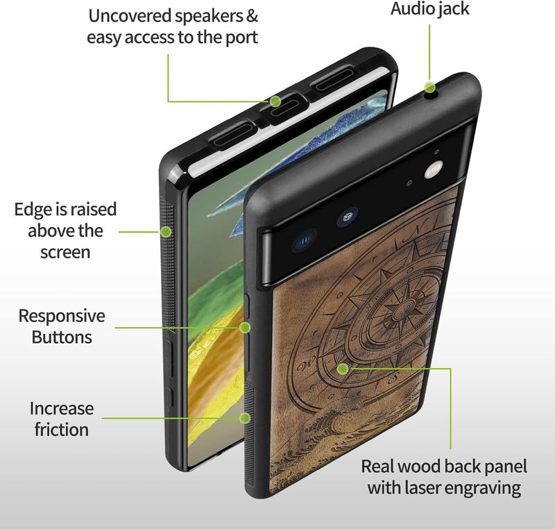 Carveit Holz Handyhülle für Google Pixel 6 Cover [Einzigartiges Design Case] Stossstange hülle Kompa