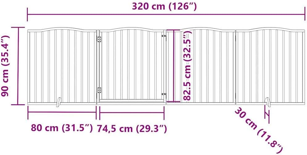 4-TLG. Hundetor aus Pappelholz Braun Eiche, freistehend faltbar 320 cm, mit Tür und Stützbeinen, ide
