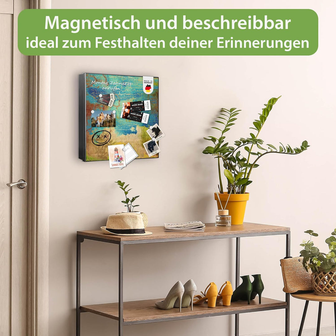 banjado® Grosser Schlüsselkasten Glas/Schlüsselbox 30cm x 30cm mit 50 Haken - Motiv Patina/Schlüssel