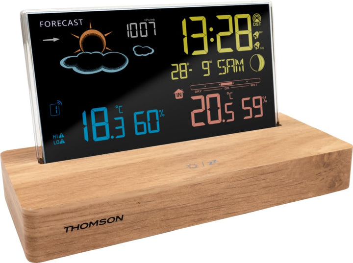 Thomson Wecker Wetterstation schwarz Holzsockel