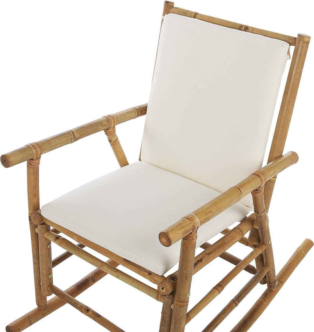 Garten Schaukelstuhl Bambus hellbraun mit Armlehnen Auflage weiss Boho Frigole