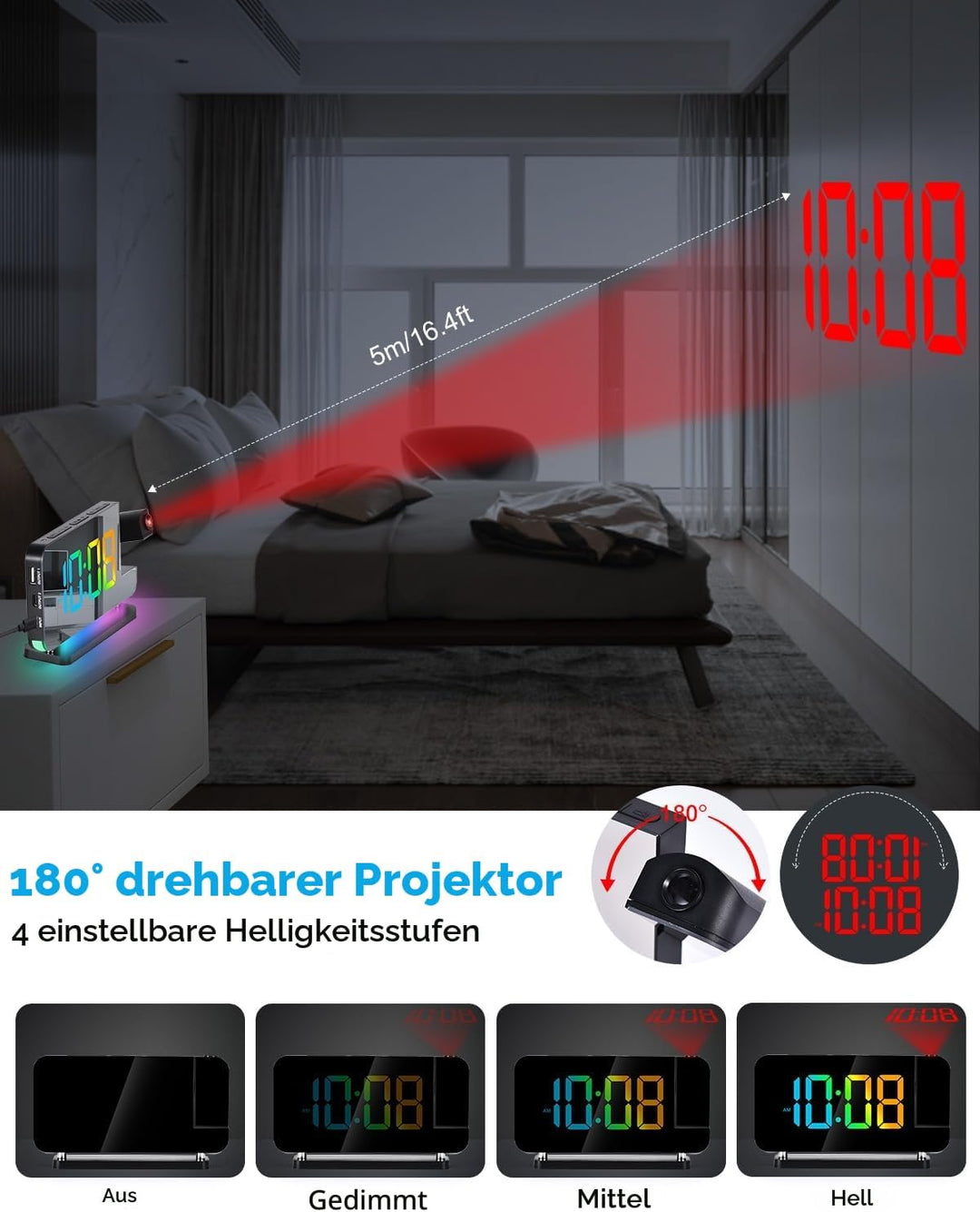 SZELAM Projektionswecker, 7.4 Zoll Digitale Spiegeluhren, mit 180° drehbarem Projektor, RGB-Nachtlic