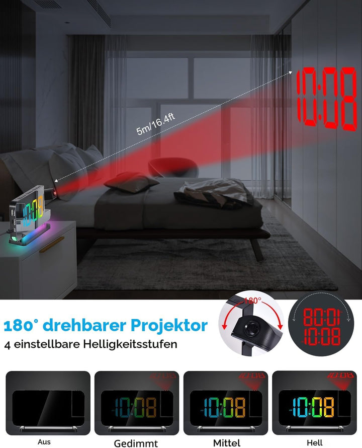 SZELAM Projektionswecker, 7.4 Zoll Digitale Spiegeluhren, mit 180° drehbarem Projektor, RGB-Nachtlic