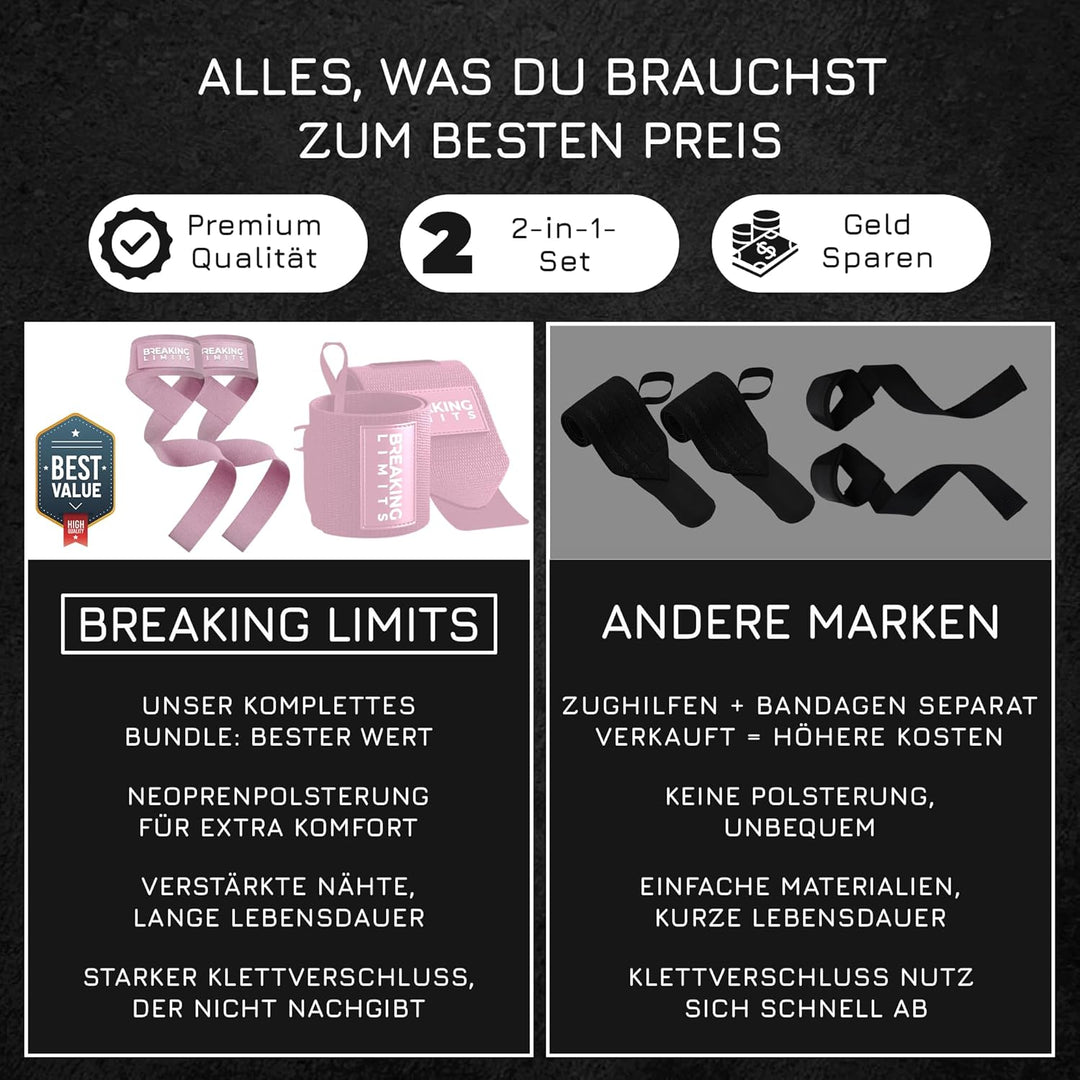 BREAKING LIMITS Zughilfen & Handgelenkbandagen für Krafttraining, Gewichtheben, Bodybuilding, Fitnes