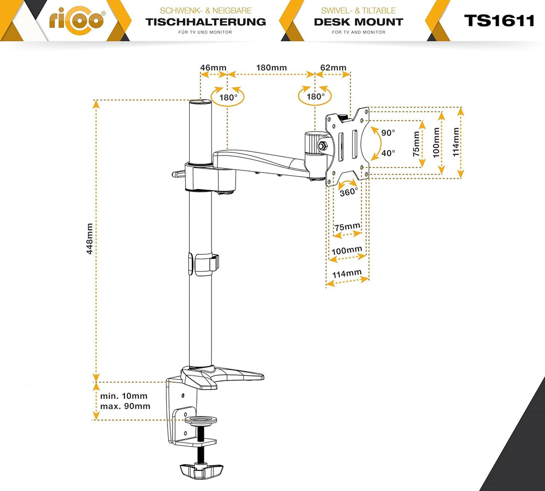 RICOO Monitor Halterung Tisch, VESA Tischhalterung für 13-30 Zoll, Monitorhalterung 1 Monitor Arm TS