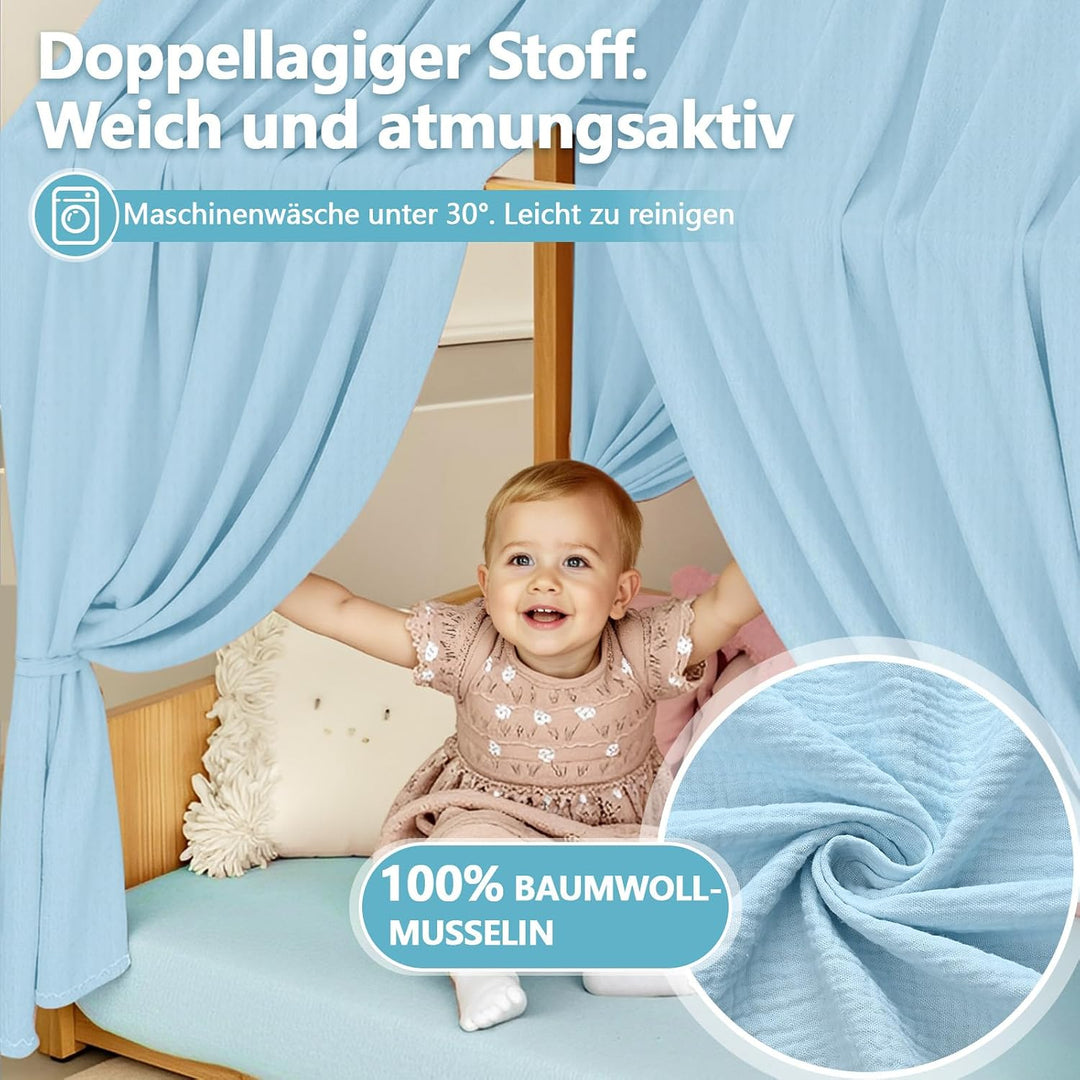 Alishomtll Hausbett Himmel Deko Set, 2 Betthimmel Hausbett aus 100% Baumwolle Musselin, 1 Wimpelkett