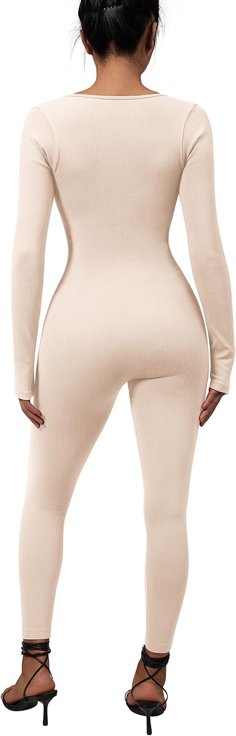 RXRXCOCO Gerippte Langarm Jumpsuits Damen Eng Square Neck Einteiler Bauchweg Sport Yoga Overall Romp