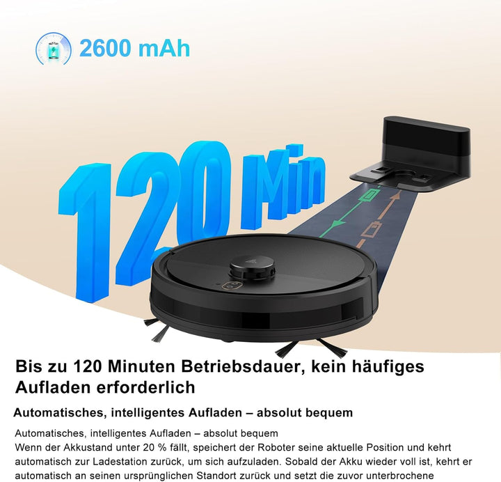 2026 Saugroboter mit Wischfunktion bis zu 5000Pa, 2 in 1 Staubsauger Roboter LiDAR Navigation mit 5