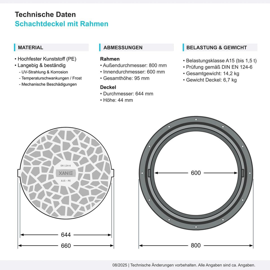 Schachtdeckel aus Kunststoff DN600 mit Rahmen Ø 800mm, A15 bis 1,5T + Verriegelung, Farbe:grau, Grau