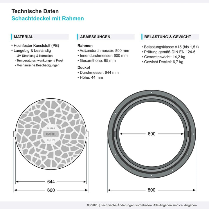 Schachtdeckel aus Kunststoff DN600 mit Rahmen Ø 800mm, A15 bis 1,5T + Verriegelung, Farbe:grau, Grau