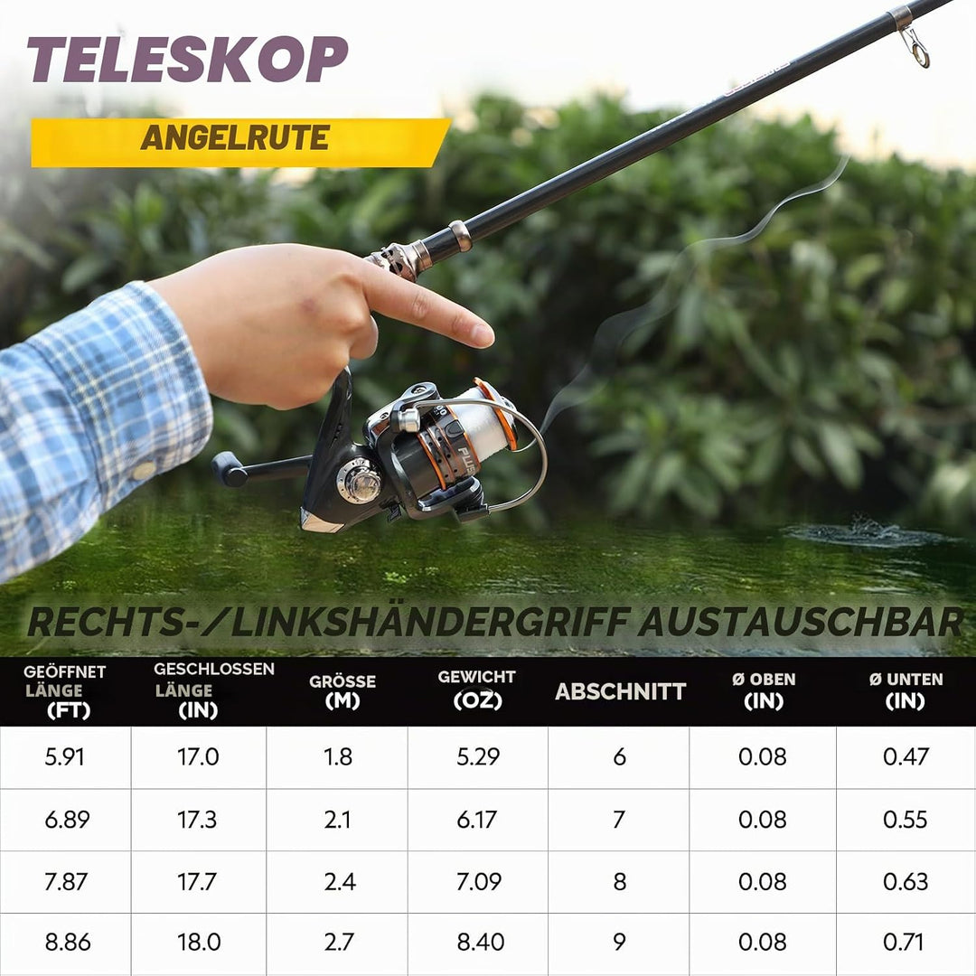 PLUSINNO Angelruten- und Rollen-Kombinationen, Teleskop-Angelrute aus Carbonfaser mit Rolle, Kombi-S