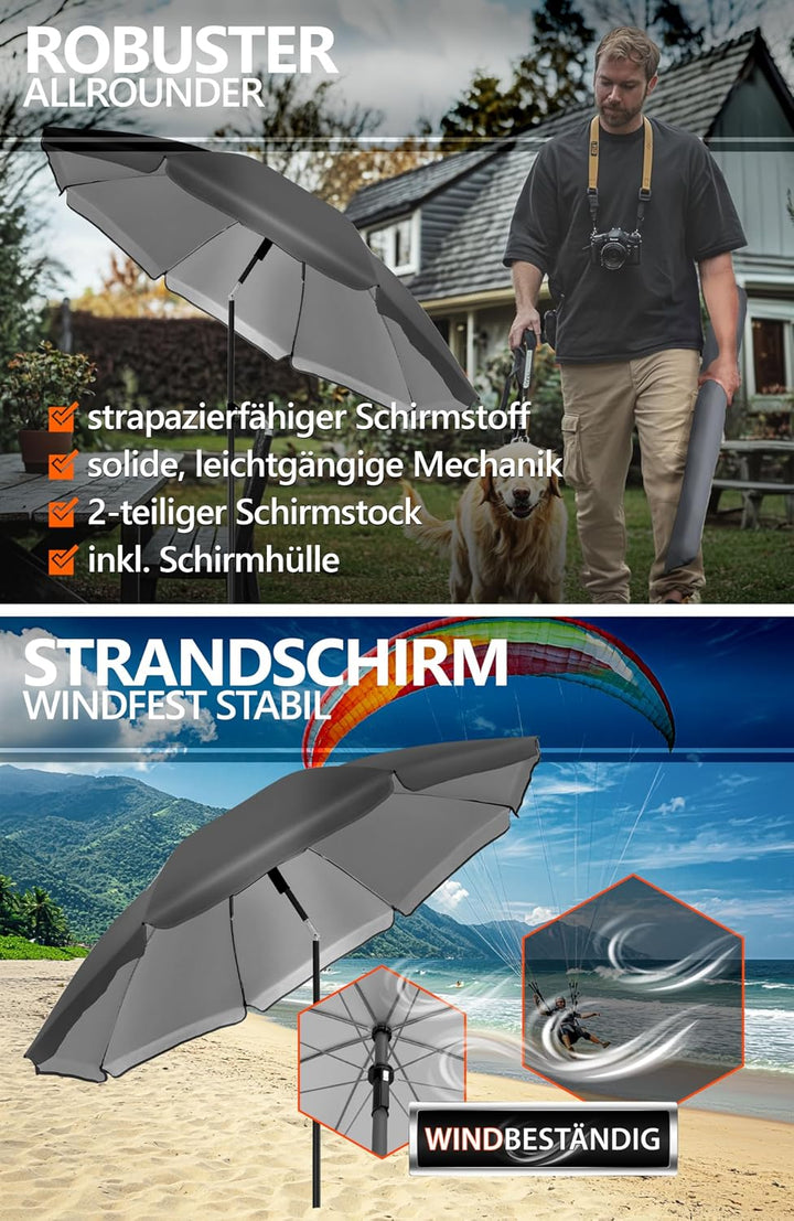 4smile Sonnenschirm Strand SET, Ø 200 cm, Anthrazit | UPF 50+ Sonnenschirm Balkon, inkl. Hülle, Gart