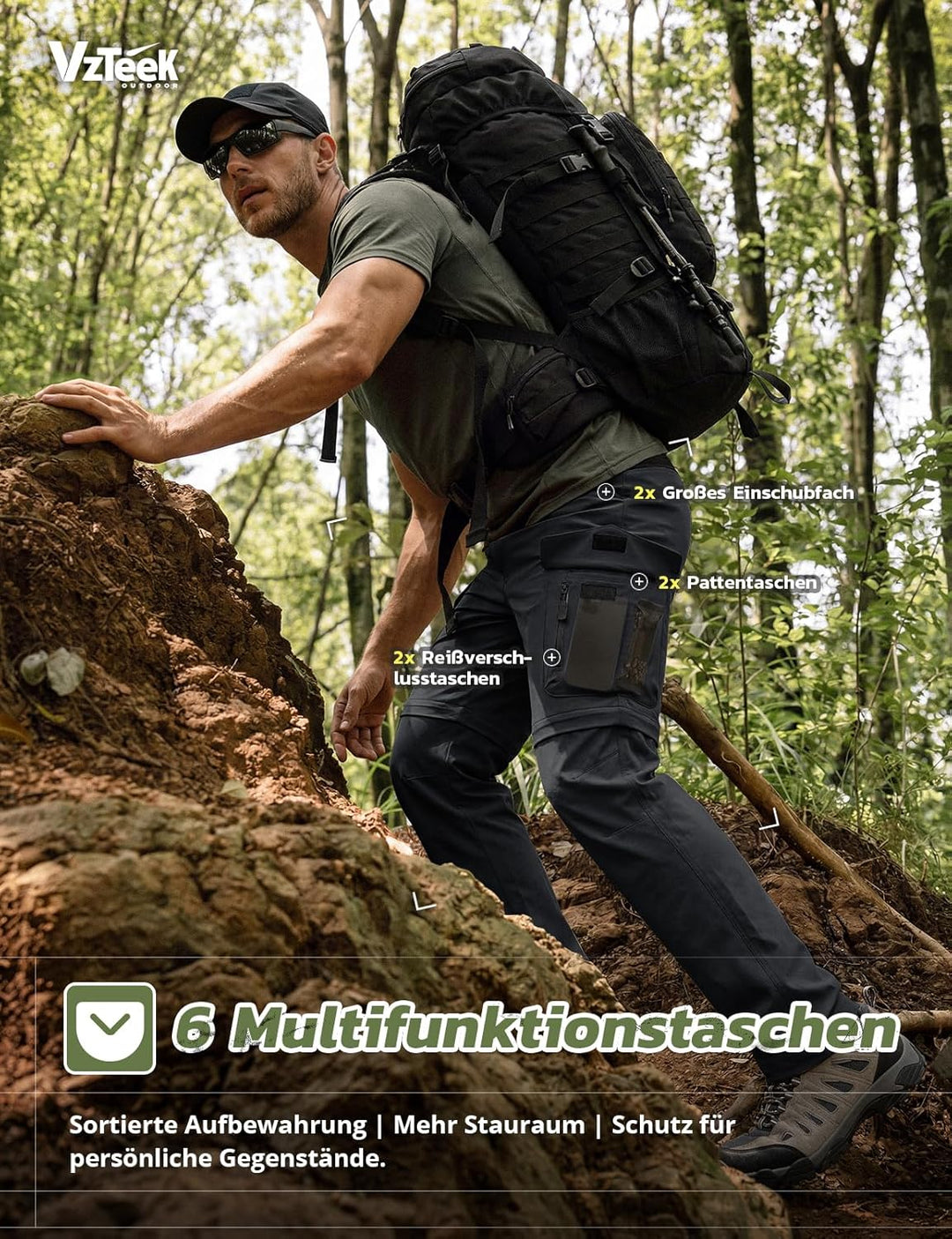 Vzteek Herren Wanderhose Zip Off Trekkinghose Outdoorhose Sommer Softshell Stretch Hose Kurz für Wan