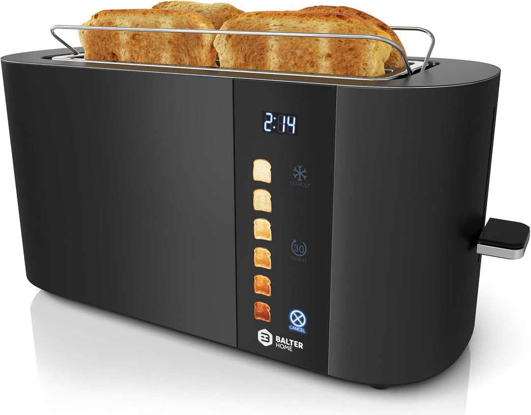 Balter Toaster 4 Scheiben, Touch Bedienung, Langschlitz, Edelstahl, Brötchenaufsatz, LCD Display Lan