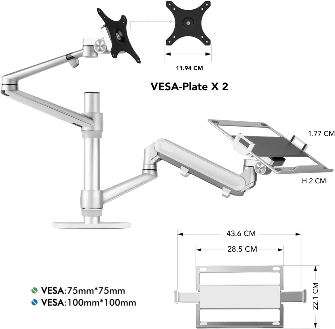 Alberenz® 2-in-1 Laptop- & Monitorhalterung mit Gasfeder, Verstellbarer Doppelarm-Ständer für 12-17"