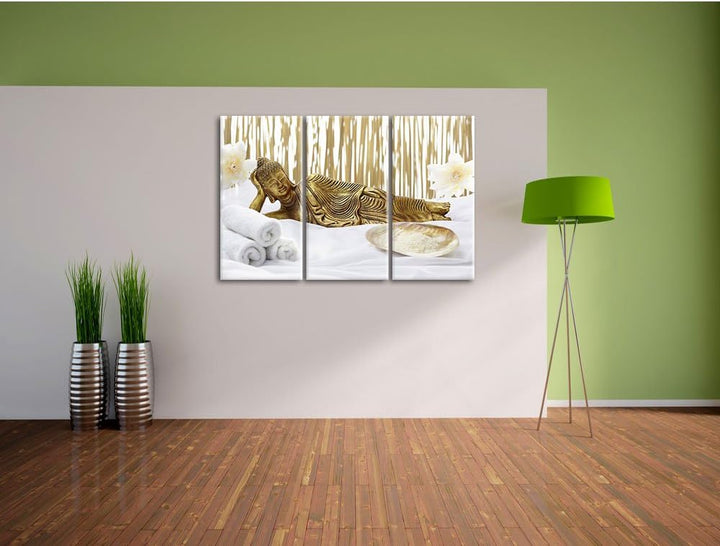 Pixxprint Goldener Buddha auf Handtuch als Leinwandbild/Grösse: 3 Teilig (120x80) / Wandbild/Kunstdr