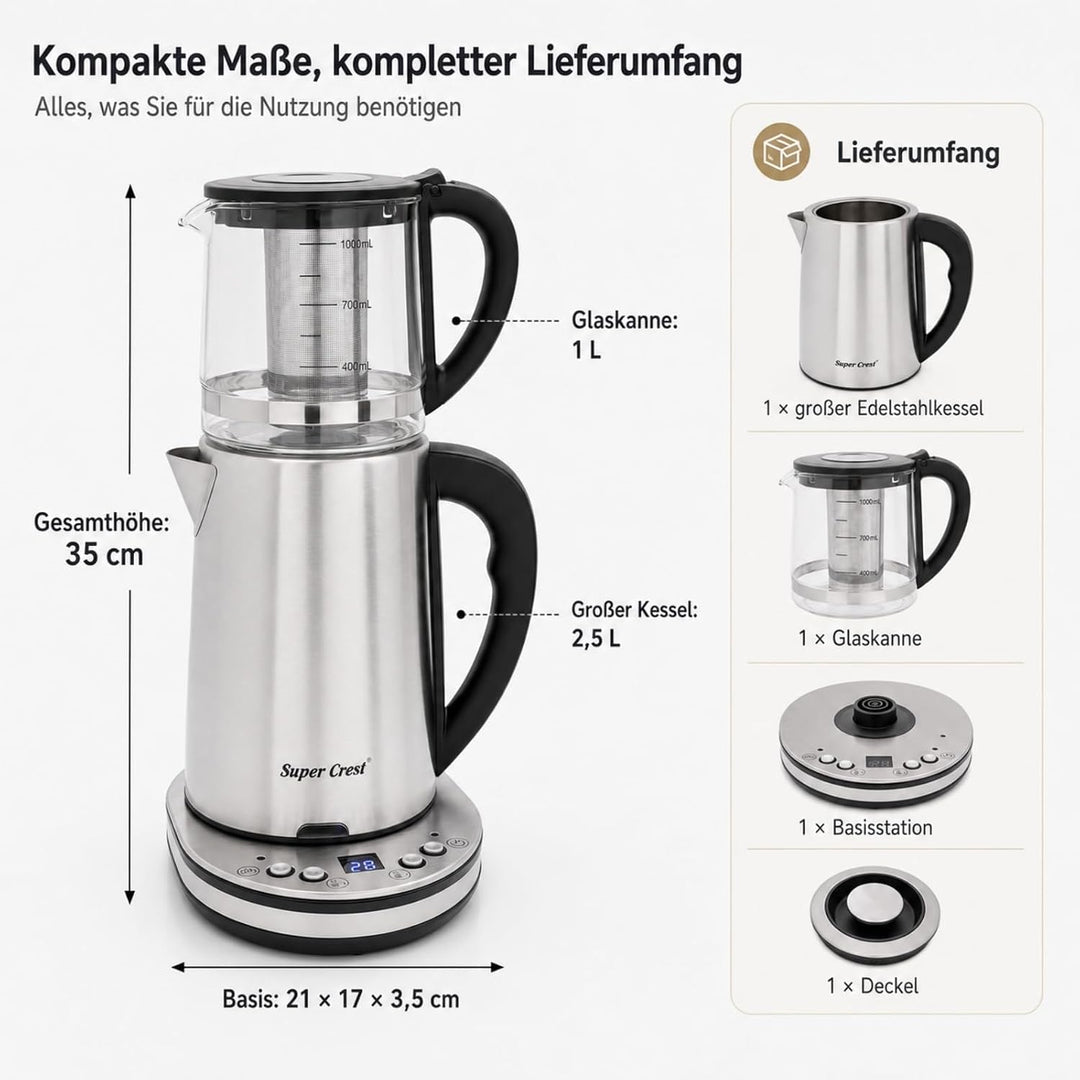 Wasserkocher Set 2,5L+1L, 1500W, Glas-Doppelkocher mit LCD Display, Warmhaltefunktion 70-85°C, Edels