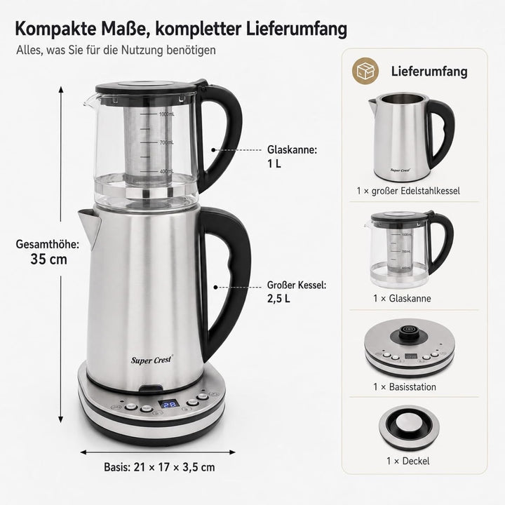 Wasserkocher Set 2,5L+1L, 1500W, Glas-Doppelkocher mit LCD Display, Warmhaltefunktion 70-85°C, Edels