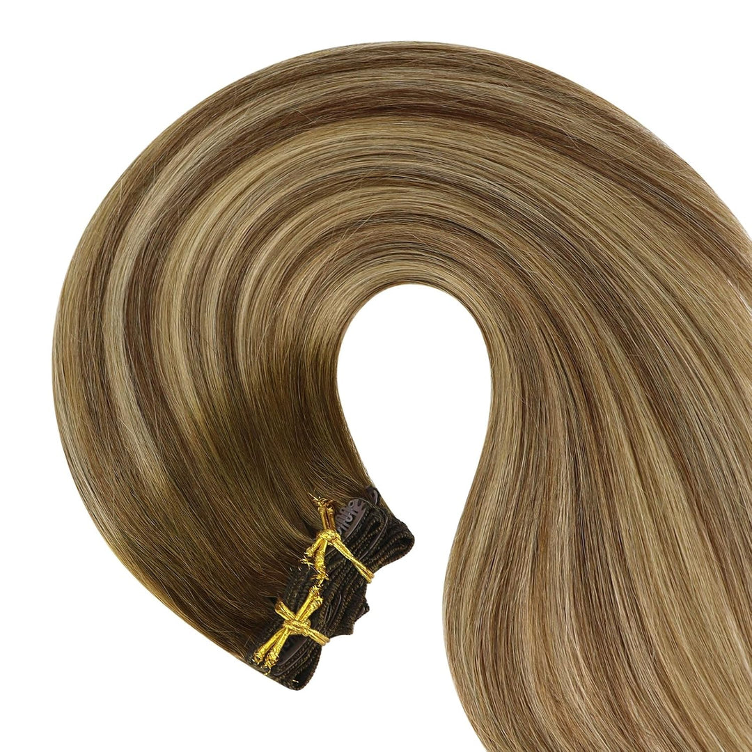 Fshine Echthaar Extensions Clip, 40cm 16 Zoll 120g 7 Stück BalayageSchokolade Braun Mxied Karamell B