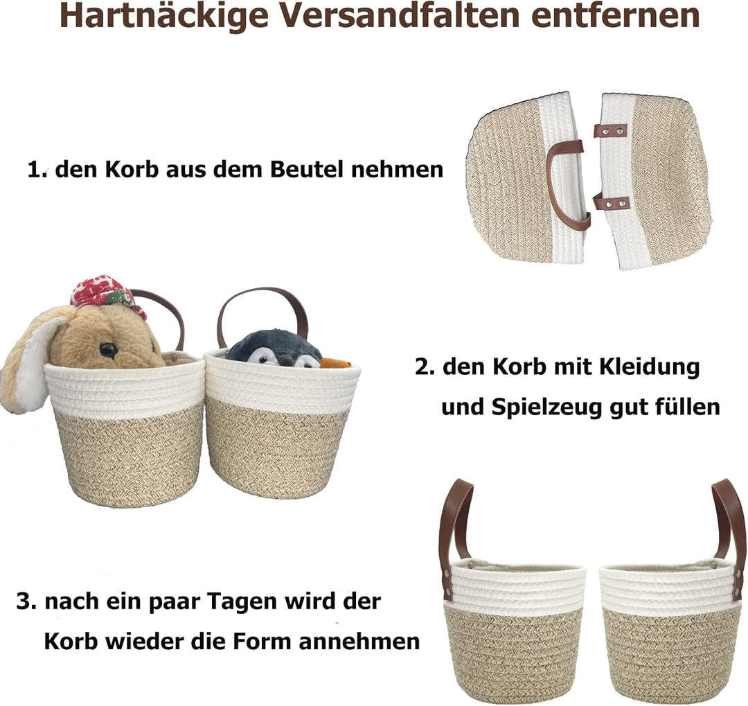 Baumwollseil Korb, 2 Stück Aufbewahrungskorb Klein Kinder mit Ledergriffen Gewebter Hängekorb aus Ba