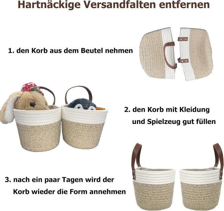 Baumwollseil Korb, 2 Stück Aufbewahrungskorb Klein Kinder mit Ledergriffen Gewebter Hängekorb aus Ba