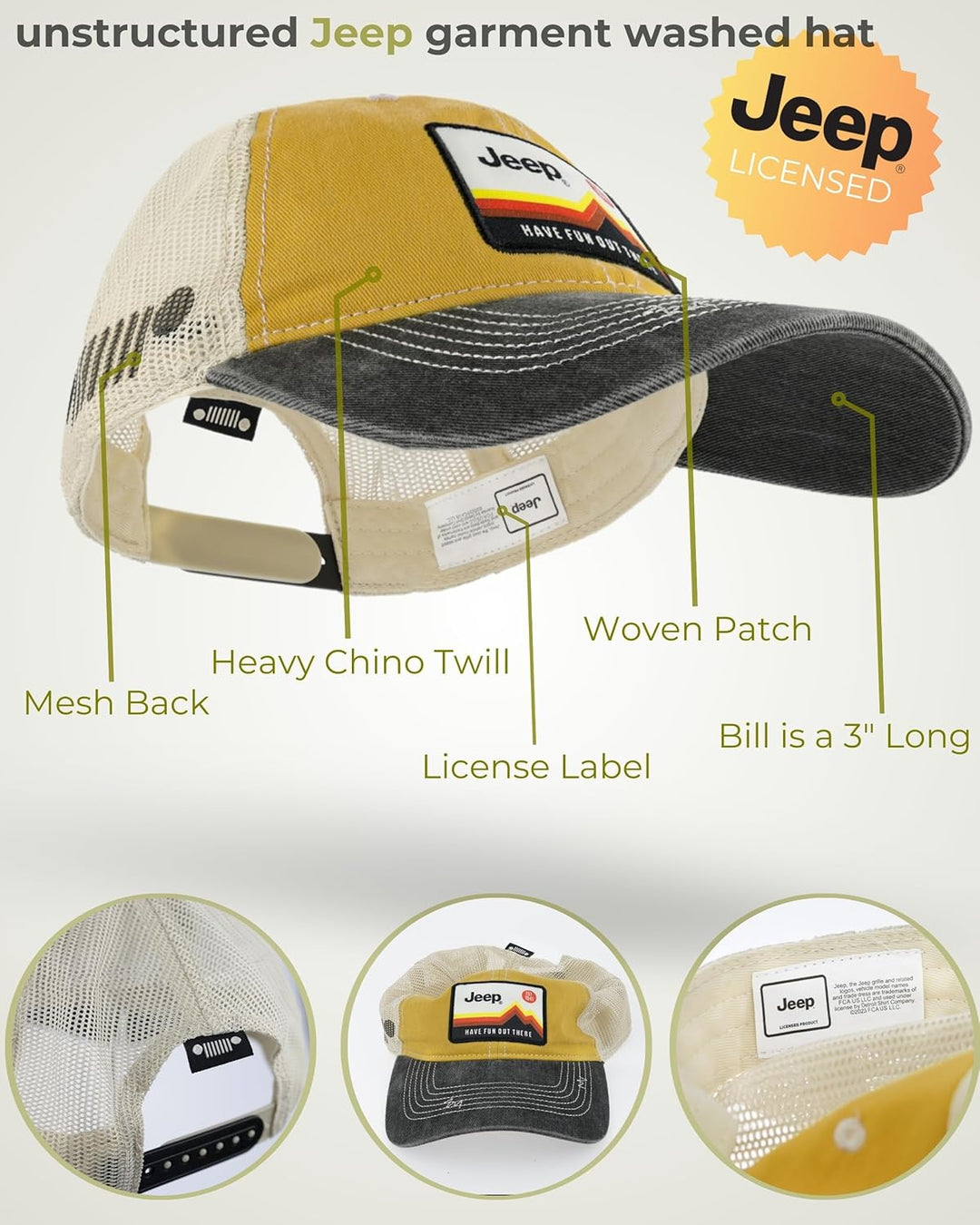Jeep Have Fun Out There Patch Garment Washed Trucker Hat Unstructured Yellow