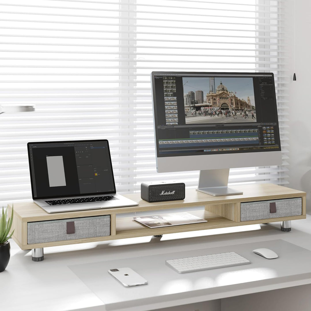Fenge Dual Monitorständer mit 2 Schublade Grosser Bildschirmständer für PC Laptop TV, Höhenverstellb
