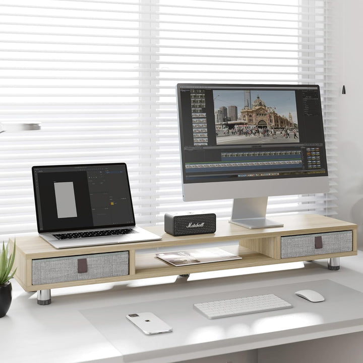 Fenge Dual Monitorständer mit 2 Schublade Grosser Bildschirmständer für PC Laptop TV, Höhenverstellb