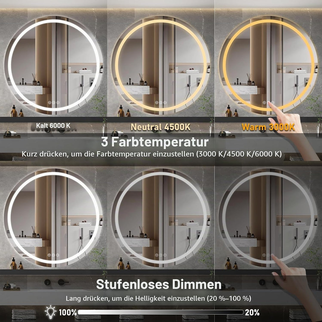 Badezimmerspiegel mit Beleuchtung, 80cm Runder Spiegel mit Beleuchtung, Wandspiegel mit Frontbeleuch