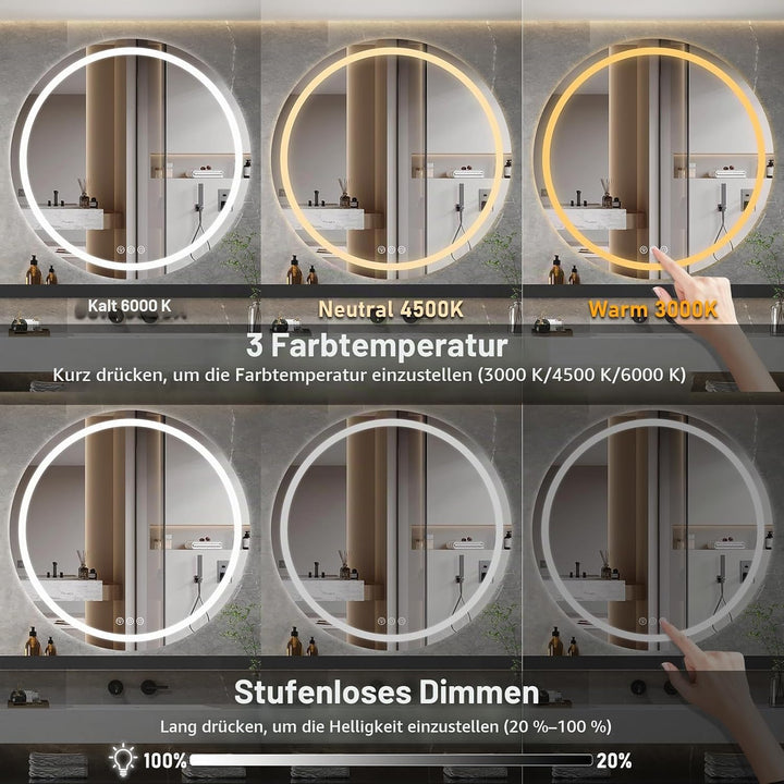 Badezimmerspiegel mit Beleuchtung, 80cm Runder Spiegel mit Beleuchtung, Wandspiegel mit Frontbeleuch