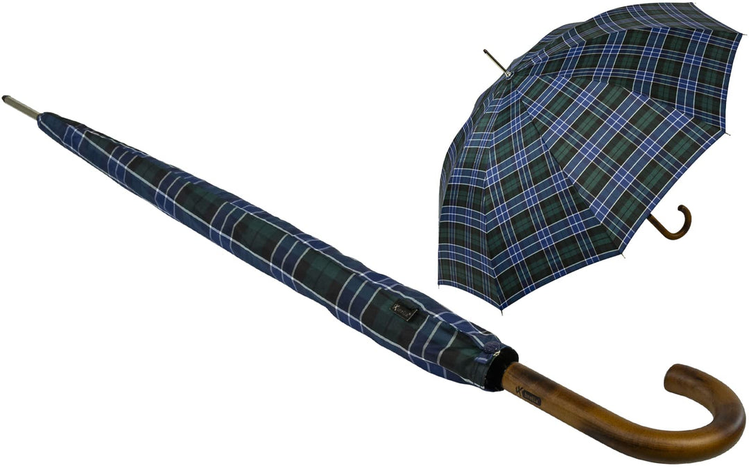 iX-brella Herren-Stockschirm Automatik mit Echtholz-Rundhakengriff - Karo blau-grün Check Blue-green
